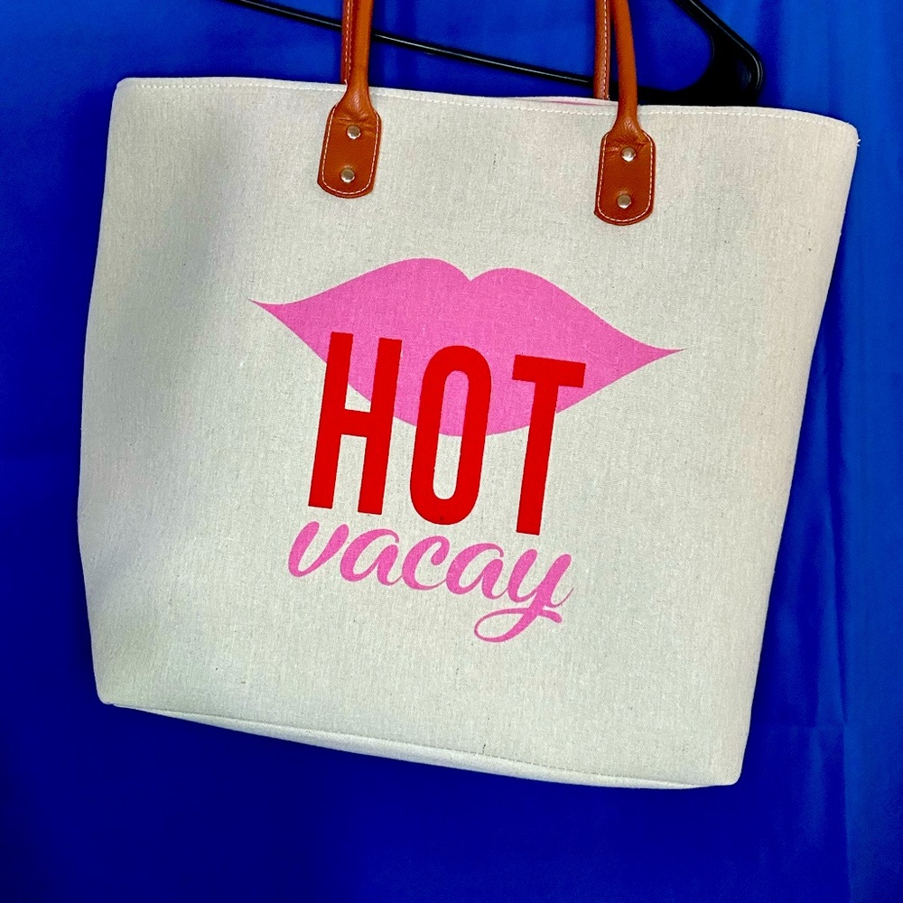 Hot Vacay canvas with brown leather handle  beach tote bag